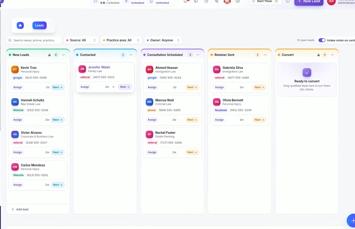 Clienty practice management app showing the Leads Journey Board with client intake pipeline
