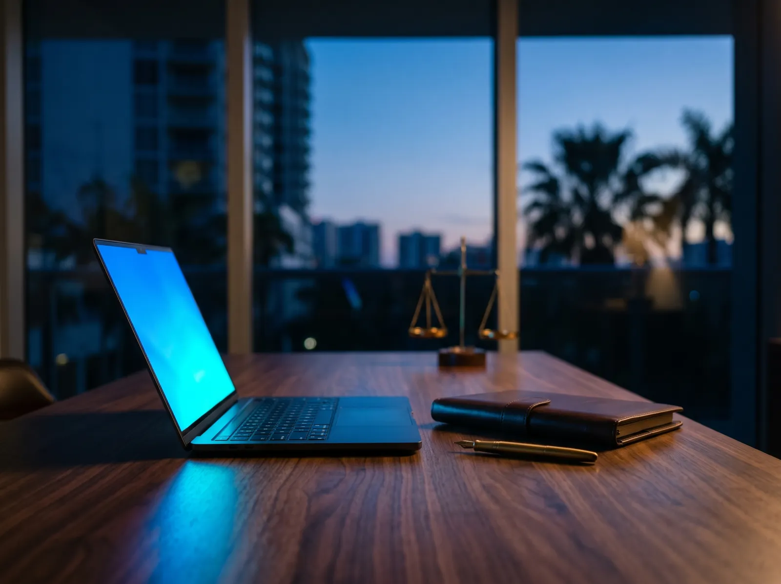 A law office desk at dusk with a glowing laptop, a leather case file, a pen and brass scales of justice, palm trees outside the window