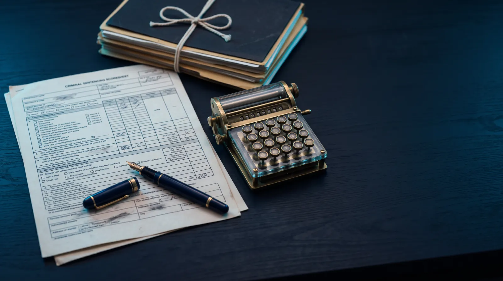 Florida sentencing scoresheet on a dark desk beside a calculator, fountain pen, and case files