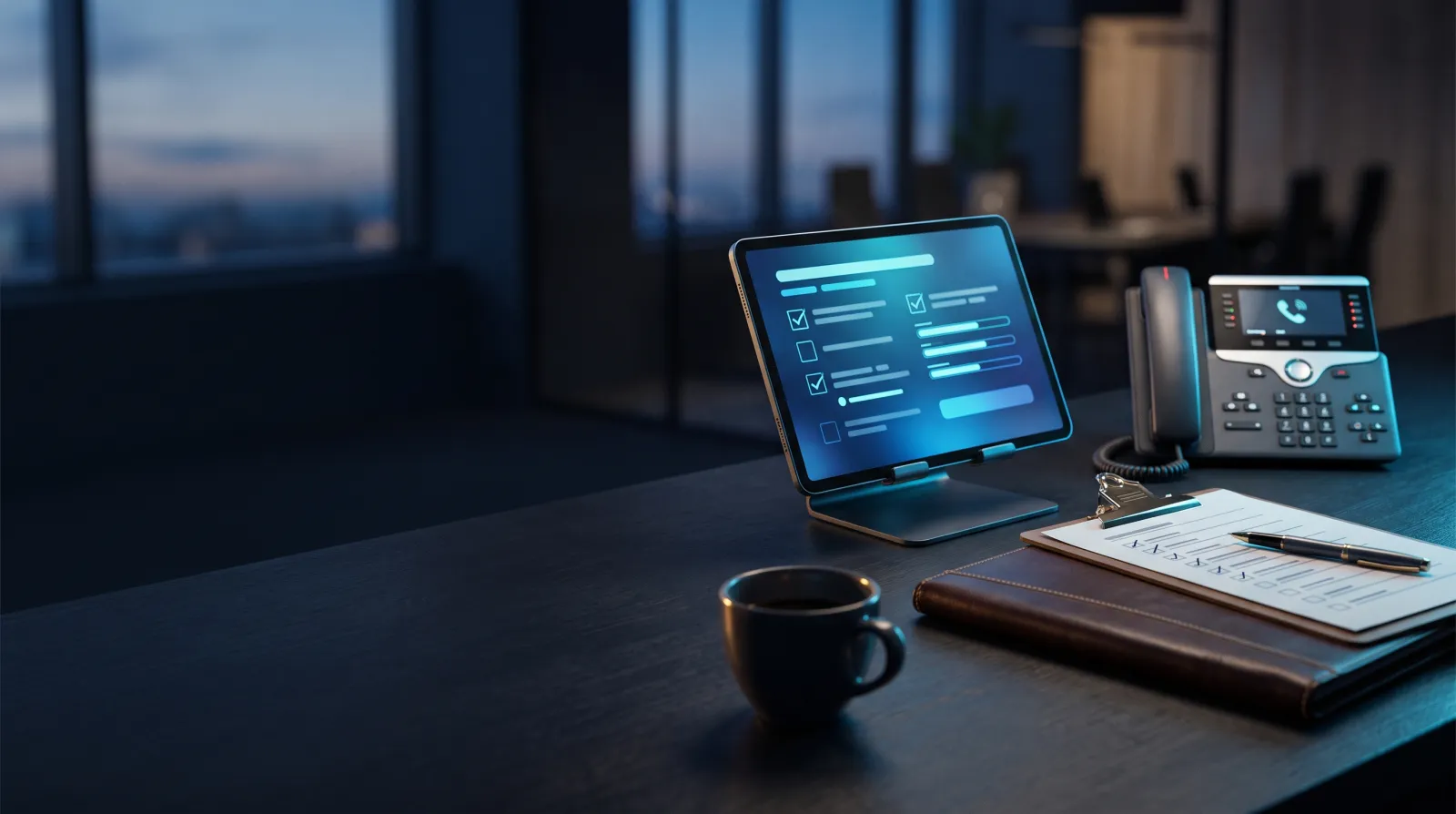 Law office reception desk with a tablet intake form, desk phone, and checklist clipboard
