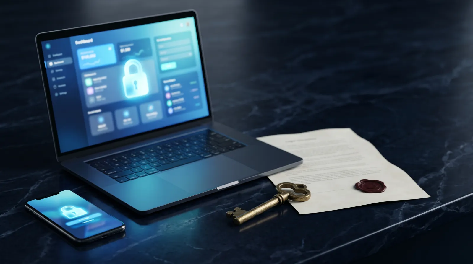 Laptop and phone on a dark marble desk showing a secure client dashboard with a glowing padlock