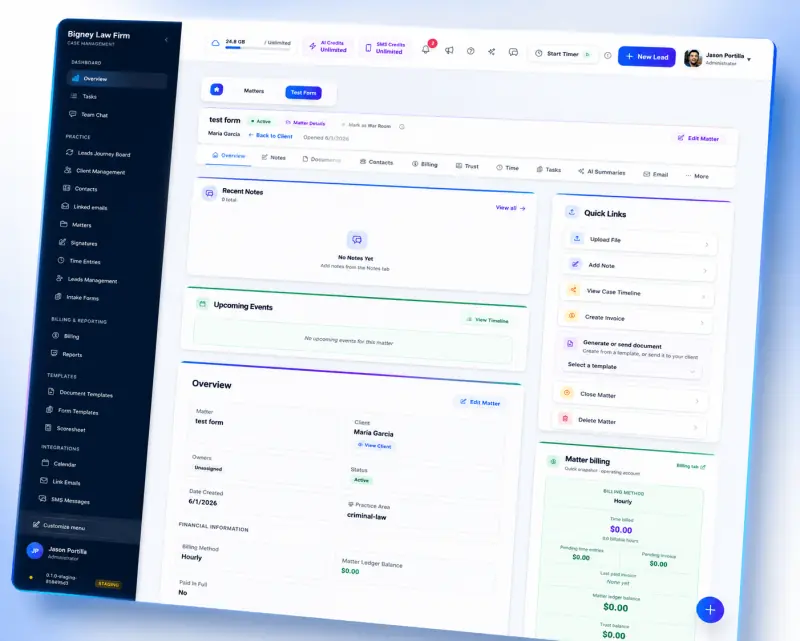 Clienty matter overview showing case details, notes, upcoming events, quick links, and billing for a matter